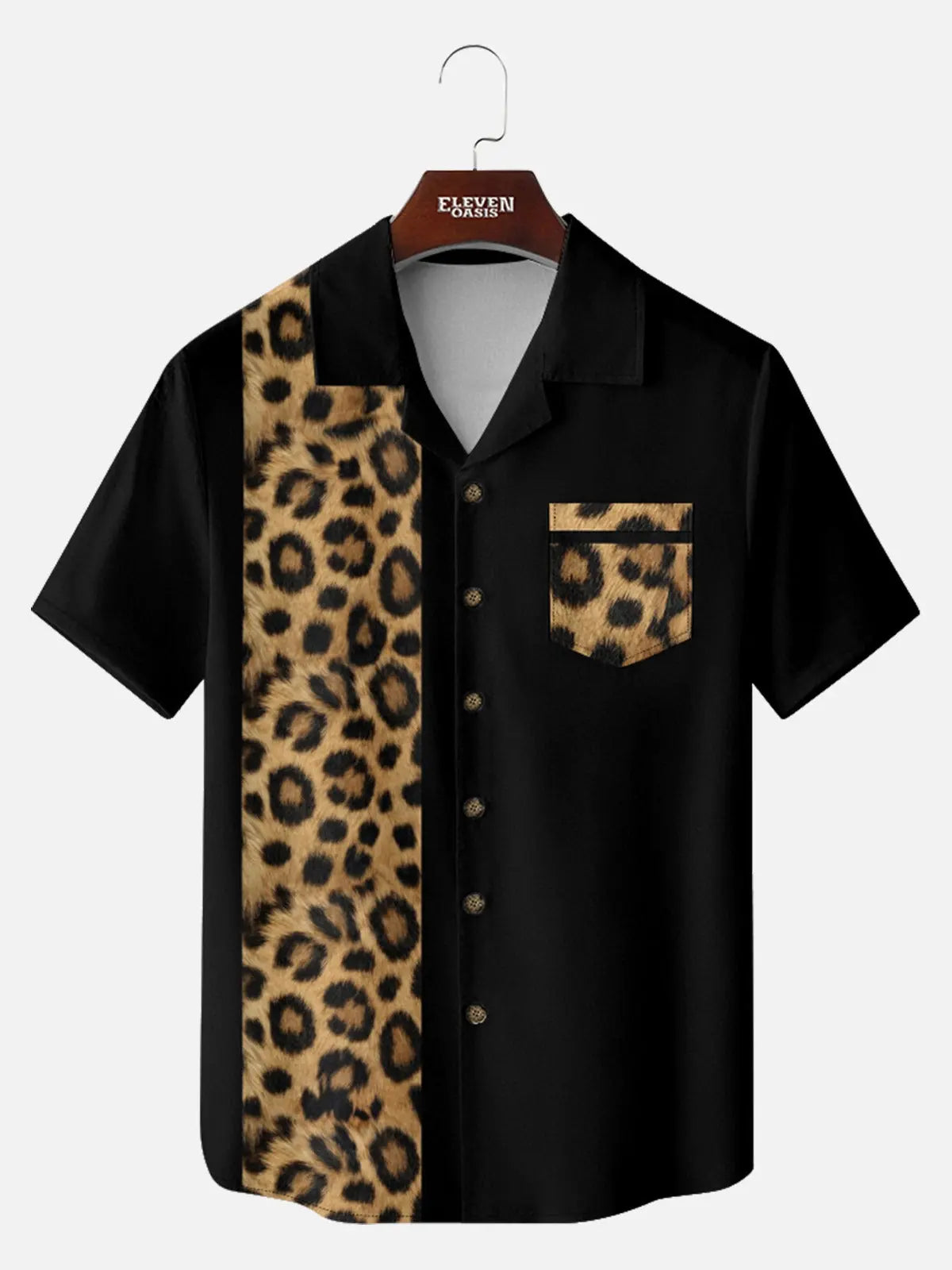 Men's Leopard Print Panel Bowling Short Sleeve Shirt ElevenOasis
