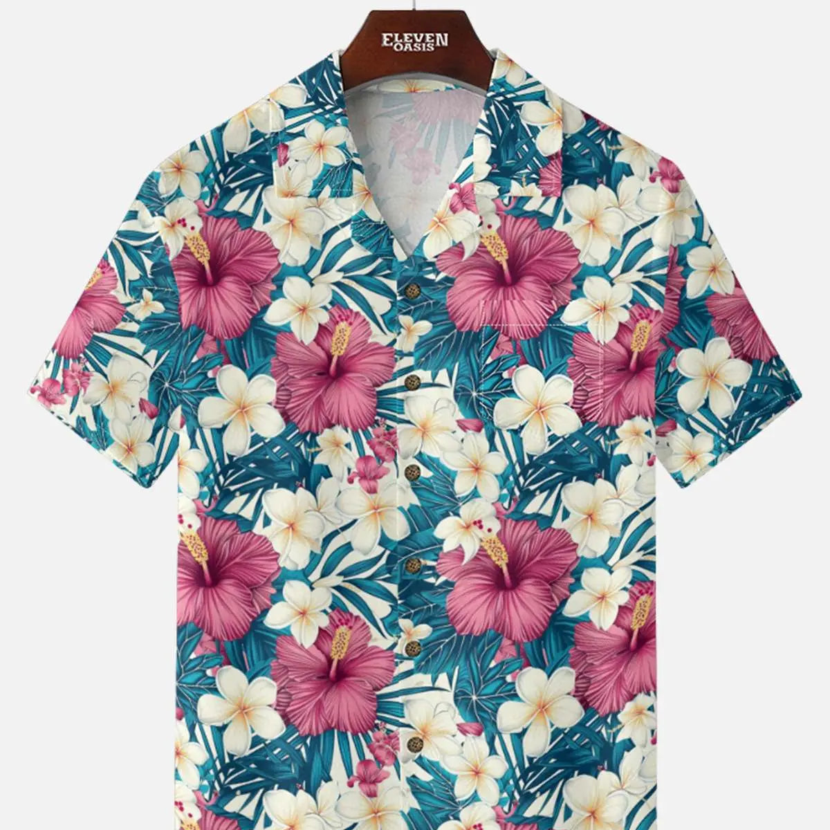 Men's Hibiscus and Plumeria Short Sleeve Shirt ElevenOasis