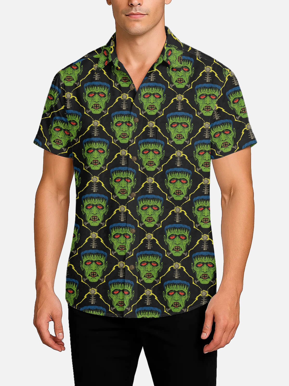 Tall Men's Frankenstein Print Short Sleeve Shirt Eleven Oasis