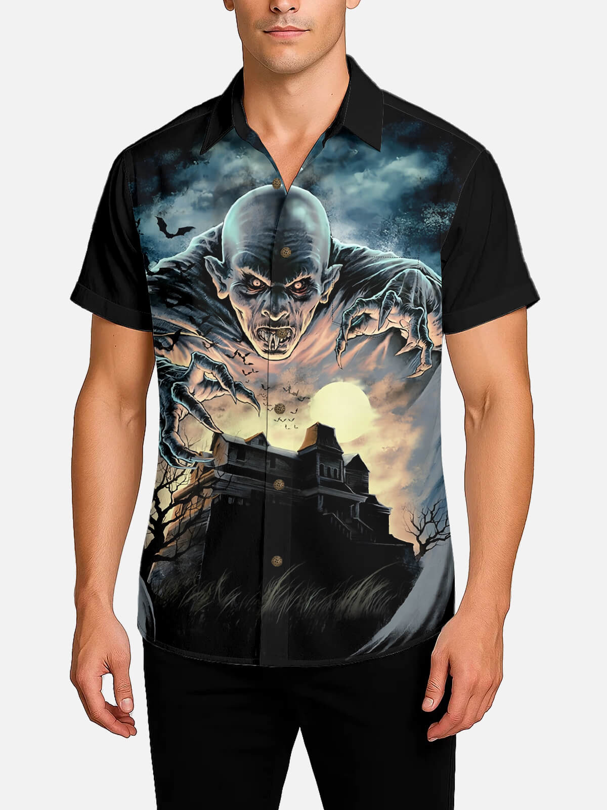 Tall Men's Vampire Haunted Mansion Halloween Short Sleeve Shirt Eleven Oasis