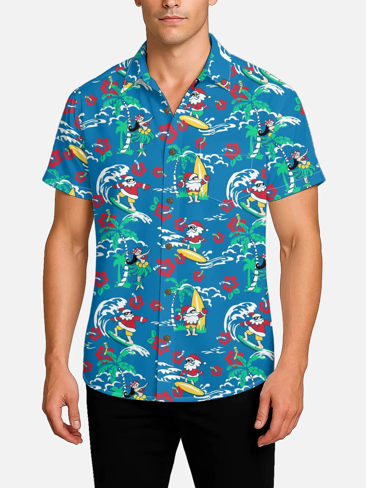 Tall Men's Santa Flamingo Tropical Christmas Short Sleeve Shirt ElevenOasis