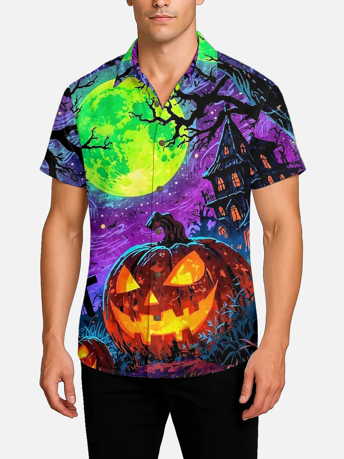 Tall Men's Haunted Pumpkin Moon Short Sleeve Shirt Eleven Oasis