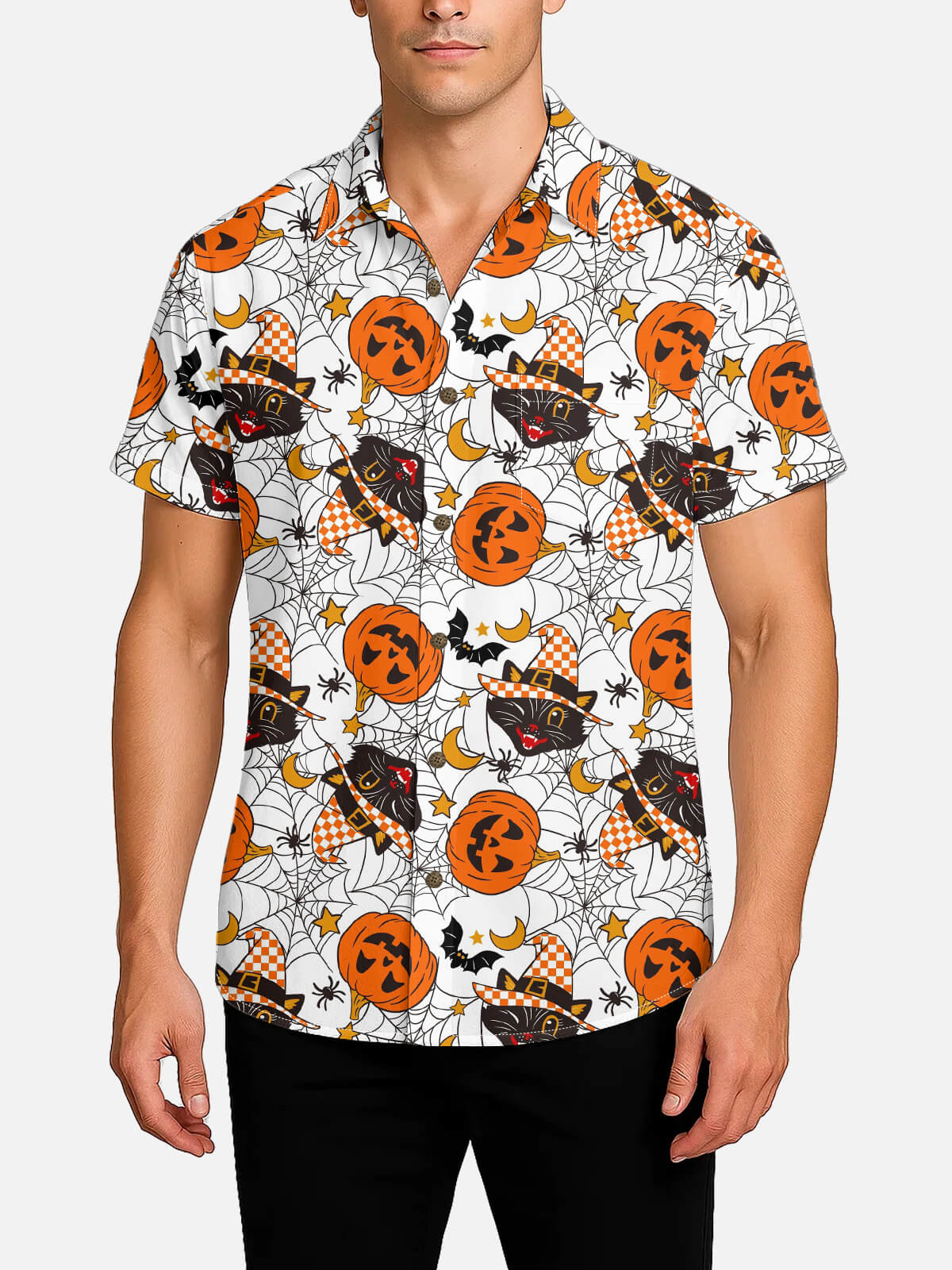 Tall Men's Halloween Cats and Pumpkins Short Sleeve Shirt Eleven Oasis