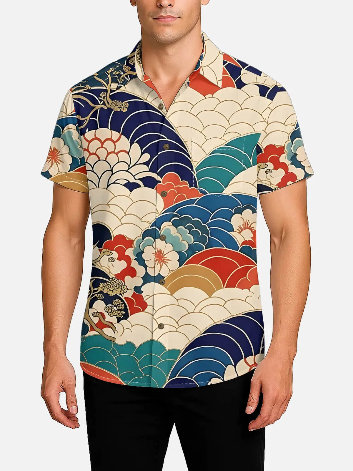 Men's Japanese Seigaiha & Floral Waves Spread Collar Short Sleeve Shirt Eleven Oasis