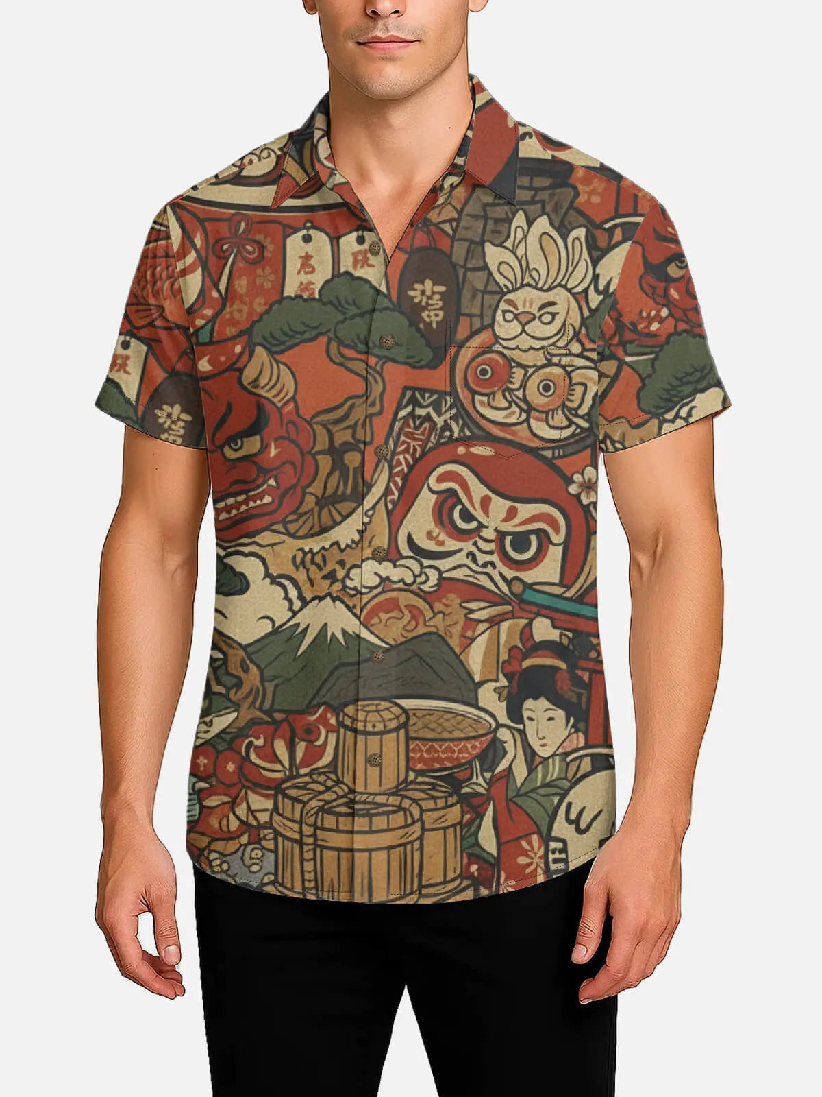 Men's Japanese Folk Motifs Spread Collar Short Sleeve Shirt Eleven Oasis