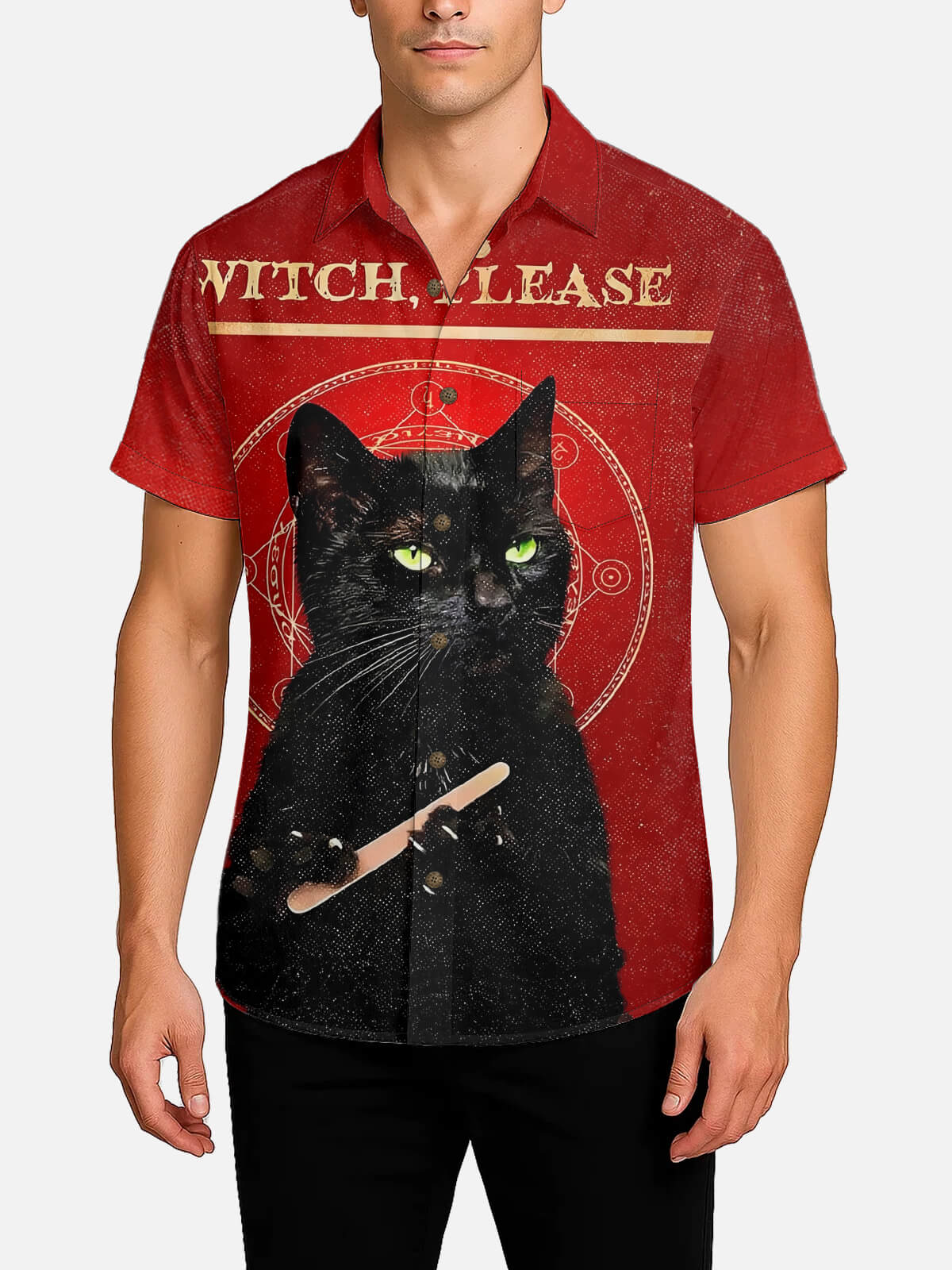Tall Men's Witch Please Black Cat Halloween Short Sleeve Shirt ElevenOasis