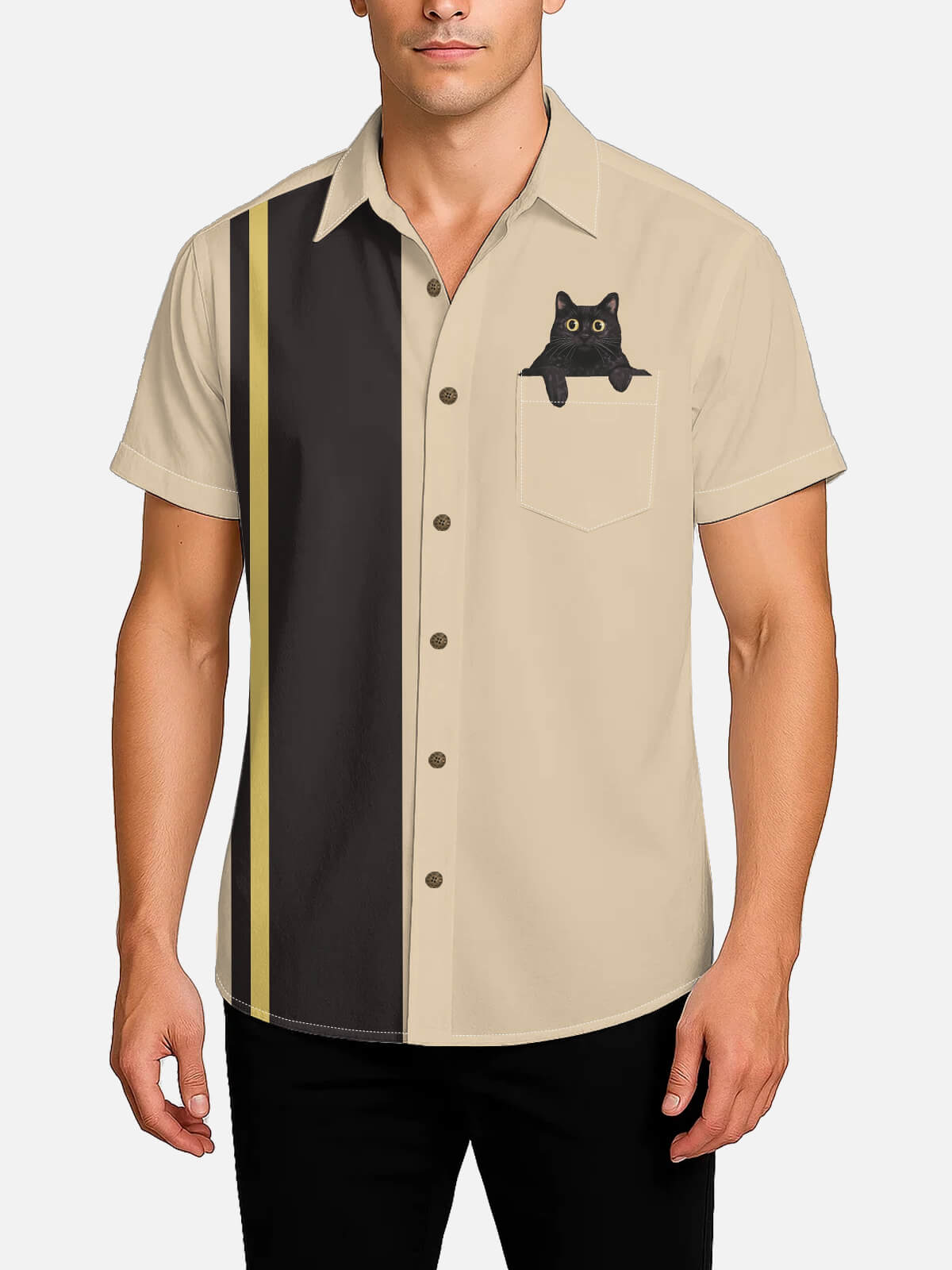 Men's Black Cat in Pocket Graphic Short Sleeve Shirt ElevenOasis