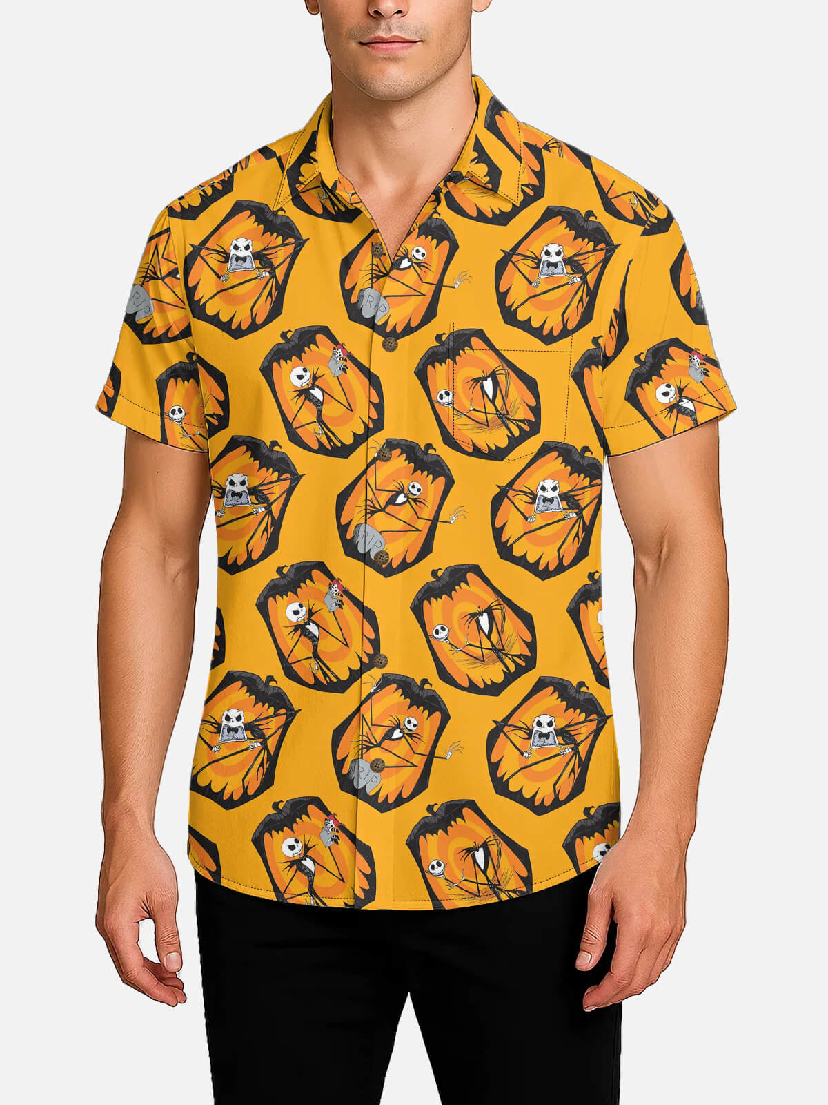 Tall Men's Jack Skellington All-Over Pumpkin Halloween Short Sleeve Shirt Eleven Oasis