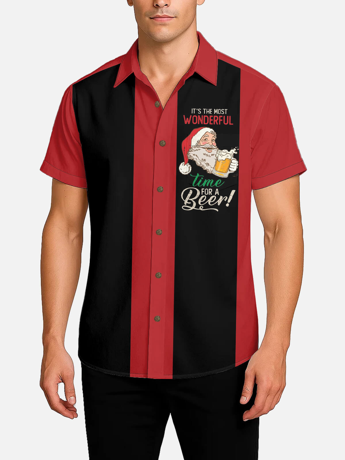Men's Santa Beer Time Christmas Bowling Short Sleeve Shirt Eleven Oasis