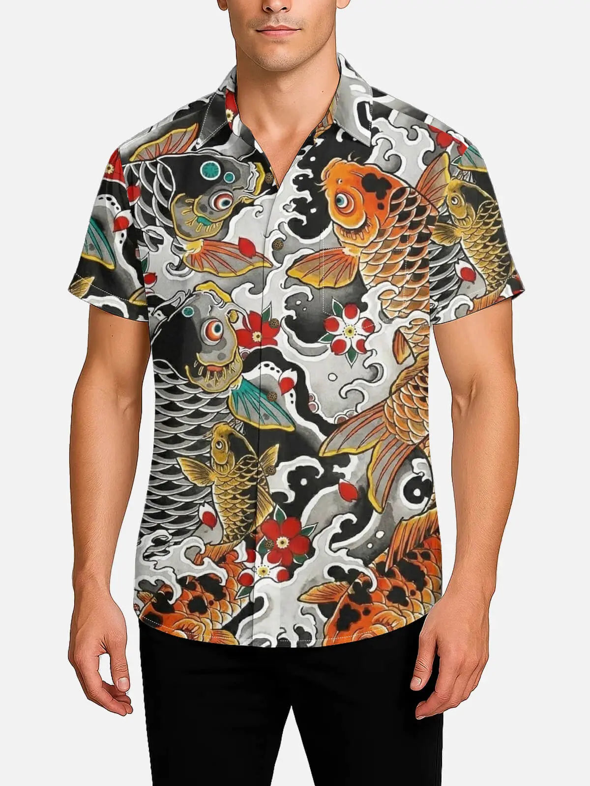 Men's Japanese Koi & Wave Tattoo Art Spread Collar Short Sleeve Shirt Eleven Oasis