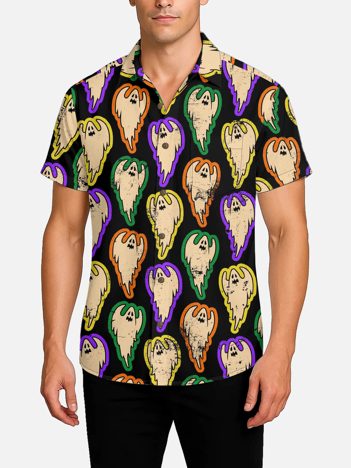 Tall Men's Retro Ghost Pattern Short Sleeve Shirt Eleven Oasis