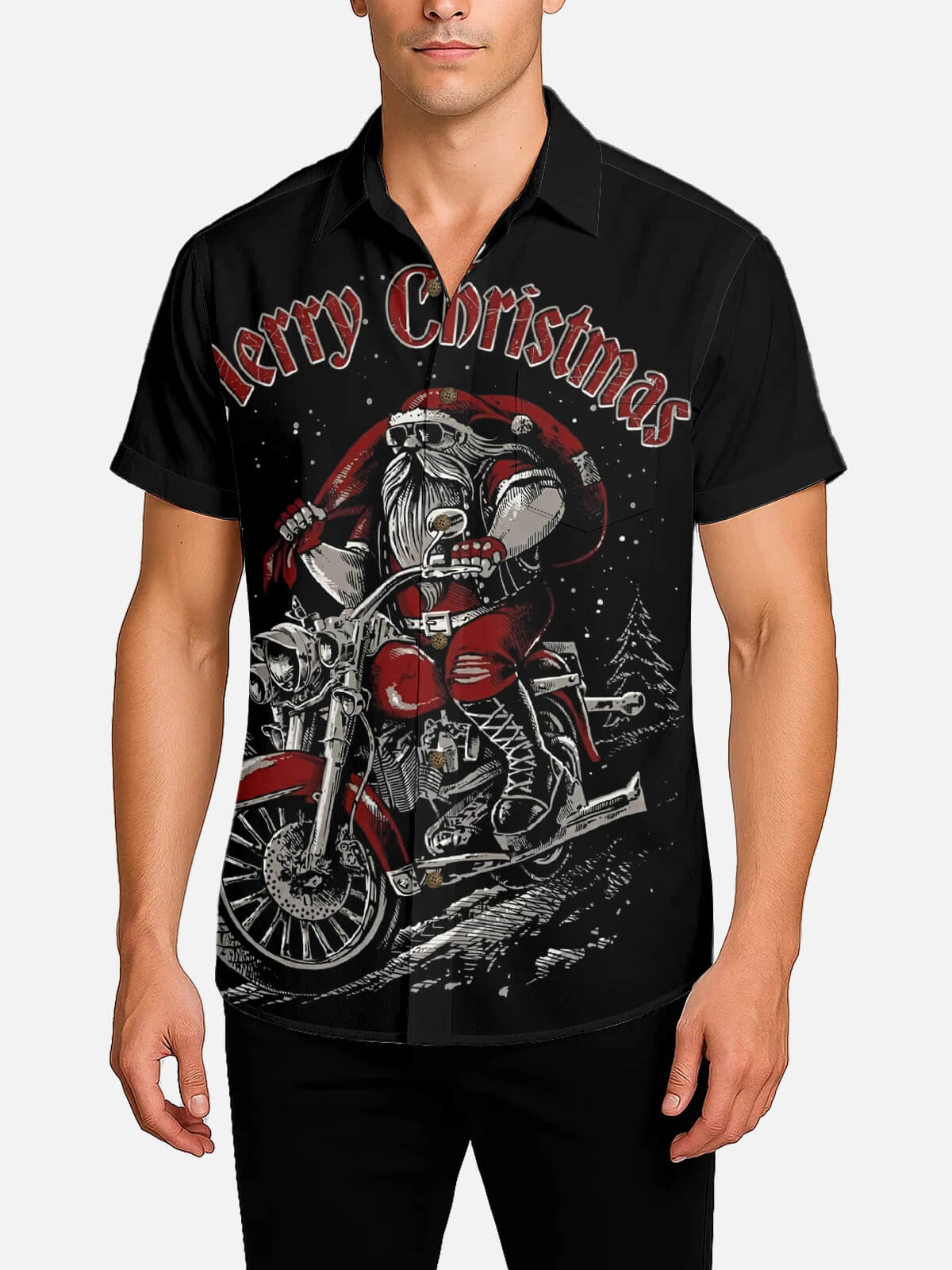 Men's Biker Santa Merry Christmas Short Sleeve Shirt Eleven Oasis