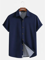 Men's Casual Linen-Feel Loose Printed Solid Color Button Short Sleeve Shirt ElevenOasis