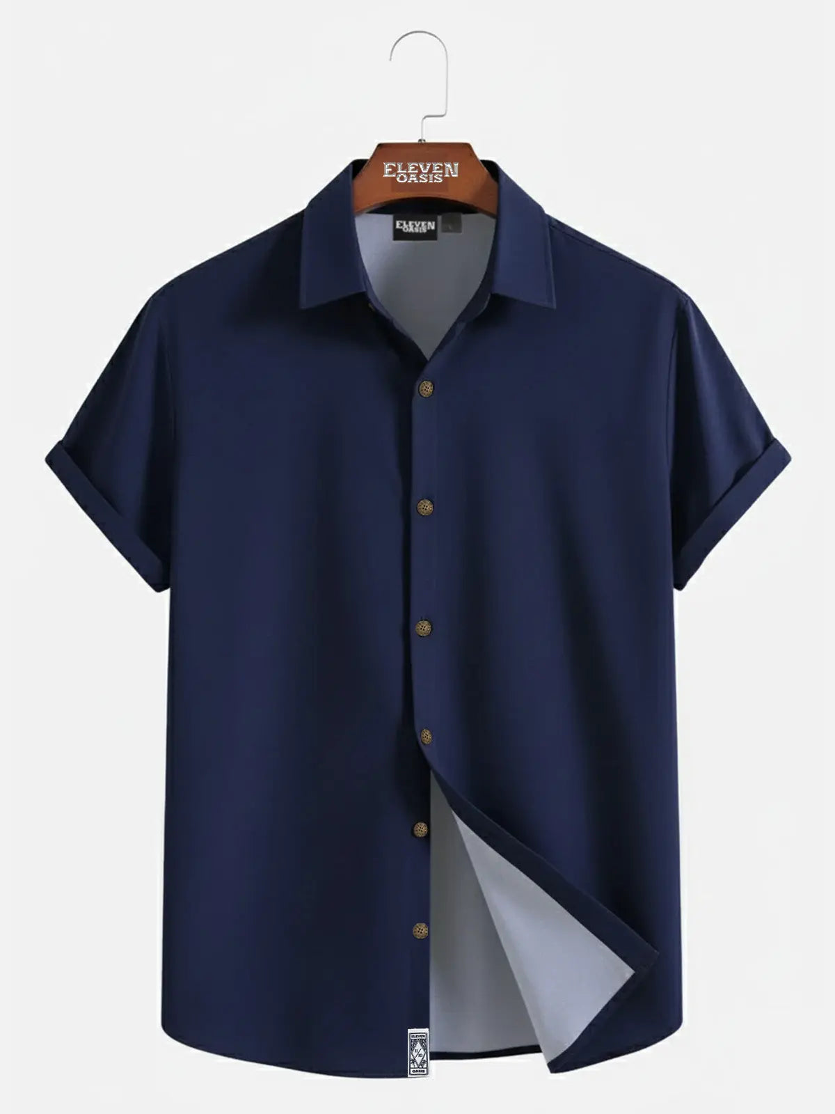 Men's Casual Linen-Feel Loose Printed Solid Color Button Short Sleeve Shirt ElevenOasis