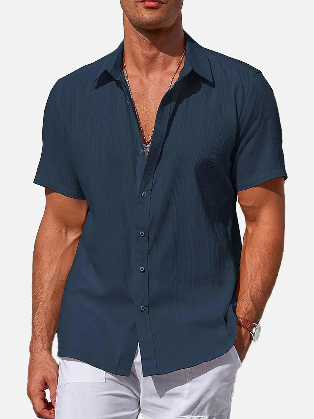 Men's Striped Textured Cotton Short Sleeve Shirt Eleven Oasis