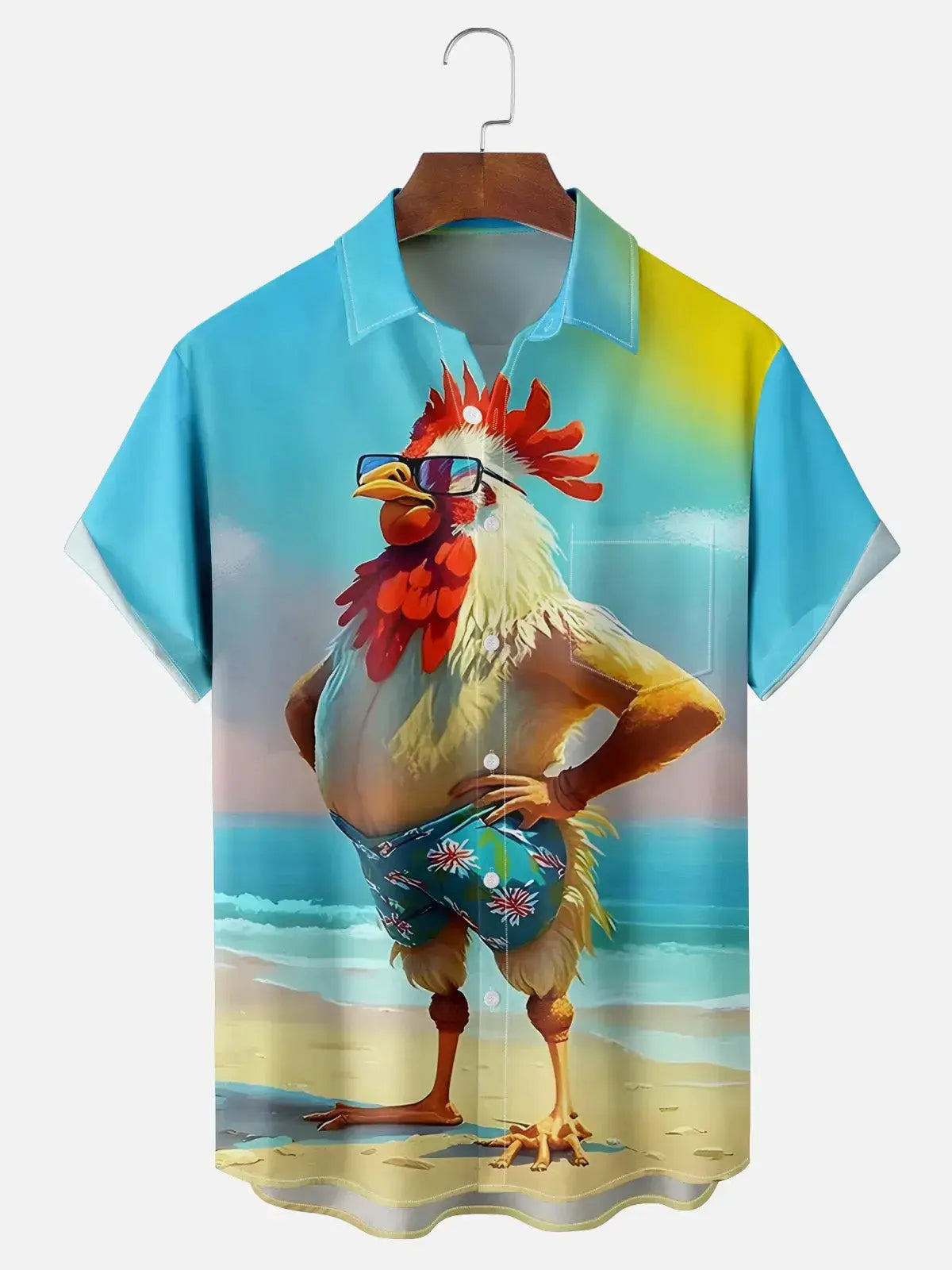 Men's Dad Bod Cock Rooster on the Beach Short Sleeve Casual ShirtMens short sleeve shirts Big and tall Mens shirts Short sleeve shirts for men Mens 4xl shirts Casual short sleeve shirts