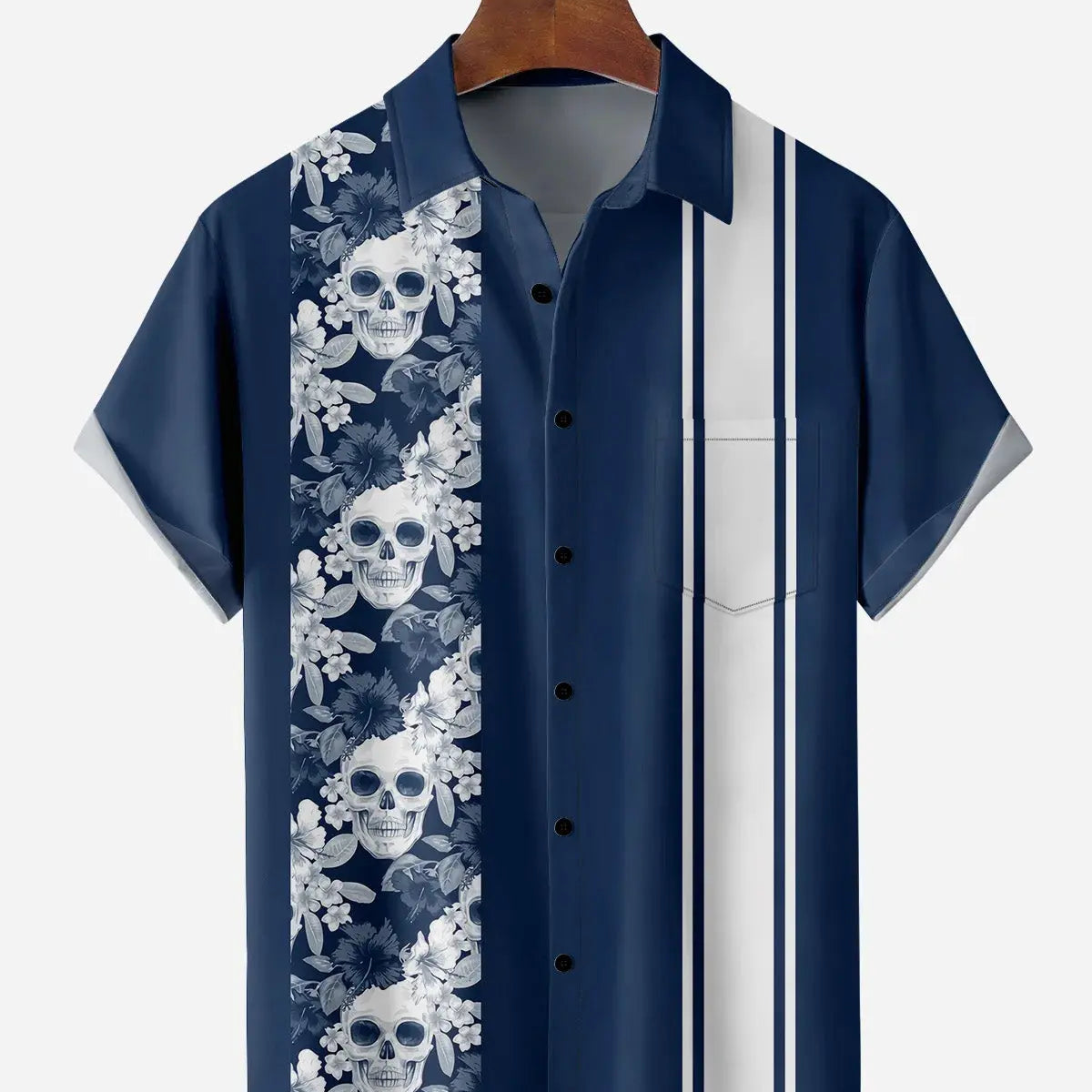 Men's Striped with Floral Skulls Short Sleeve Casual ShirtMens short sleeve shirts Big and tall Mens shirts Short sleeve shirts for men Mens 4xl shirts Casual short sleeve shirts