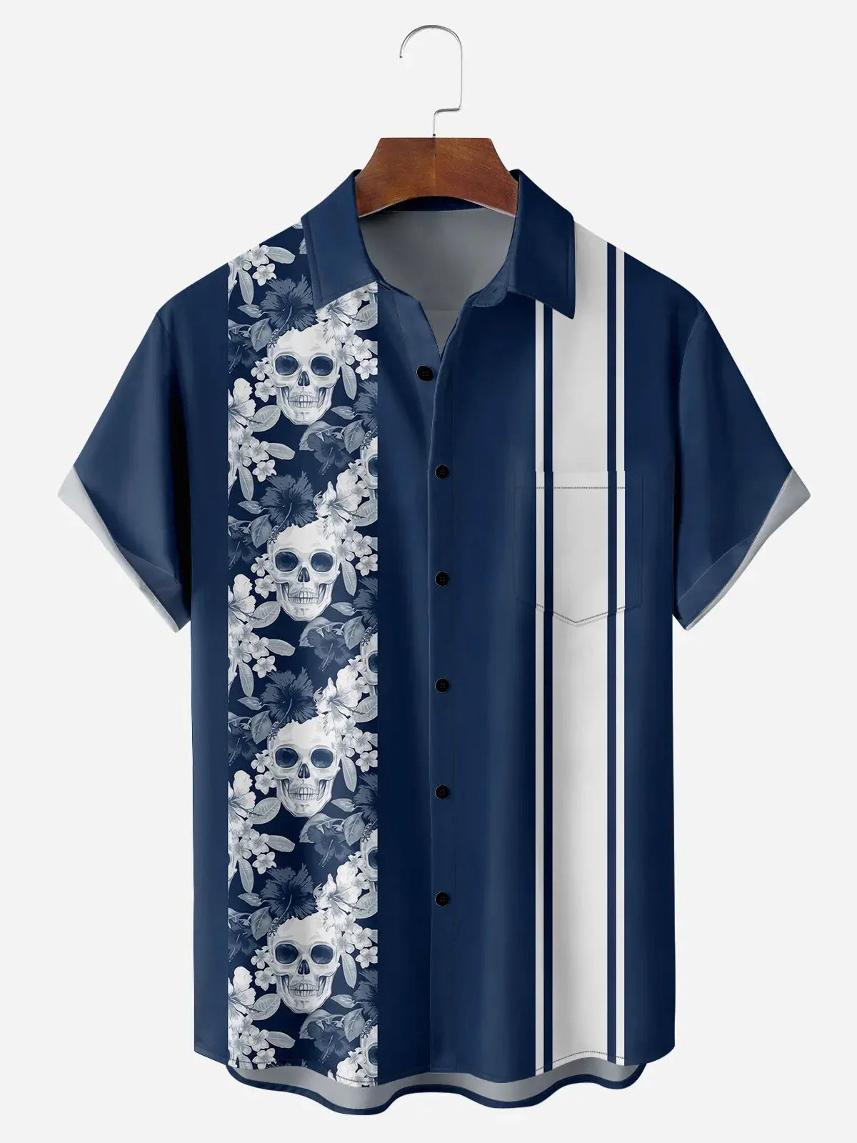Men's Striped with Floral Skulls Short Sleeve Casual ShirtMens short sleeve shirts Big and tall Mens shirts Short sleeve shirts for men Mens 4xl shirts Casual short sleeve shirts