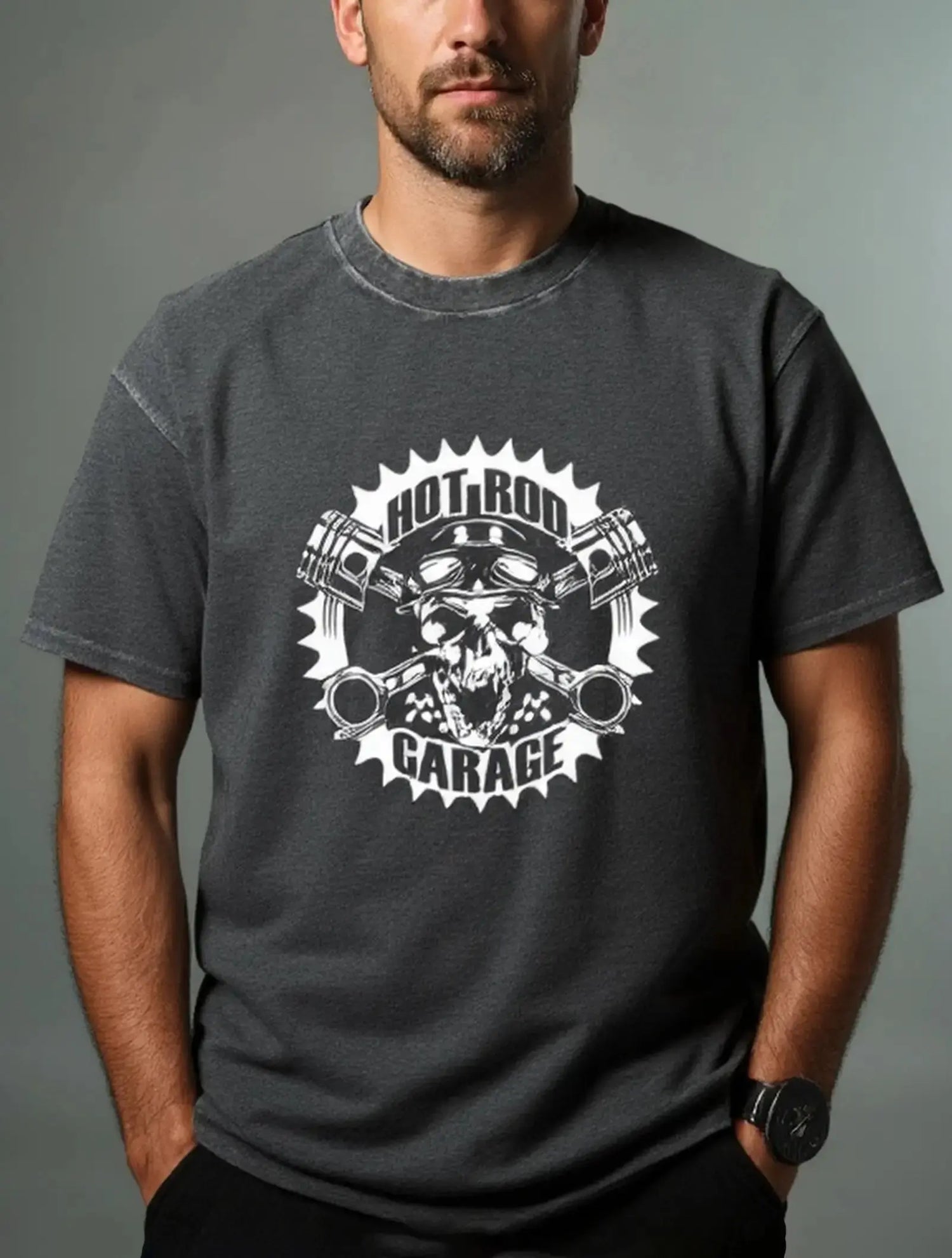 Hot Rod Garage Skull Piston Classic Artwork Acid Wash Cotton T-Shirt Eleven Oasis