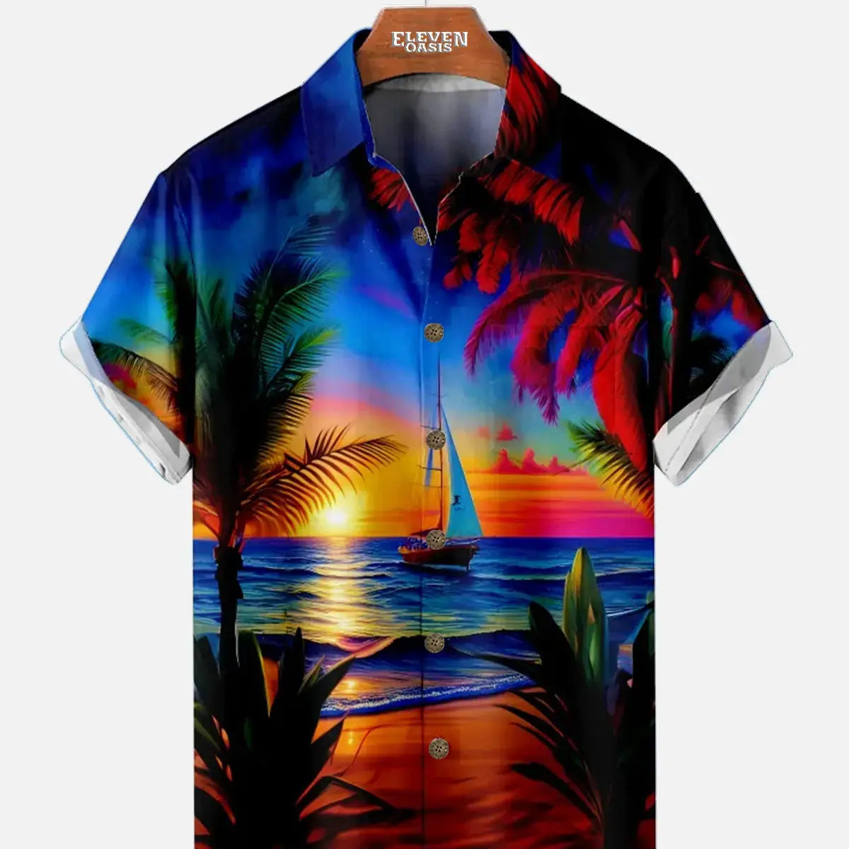 Men's Vibrant Sunset Beach Ocean Sand Vacation Short Sleeve Shirt Eleven Oasis