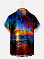 Men's Vibrant Sunset Beach Ocean Sand Vacation Short Sleeve Shirt Eleven Oasis