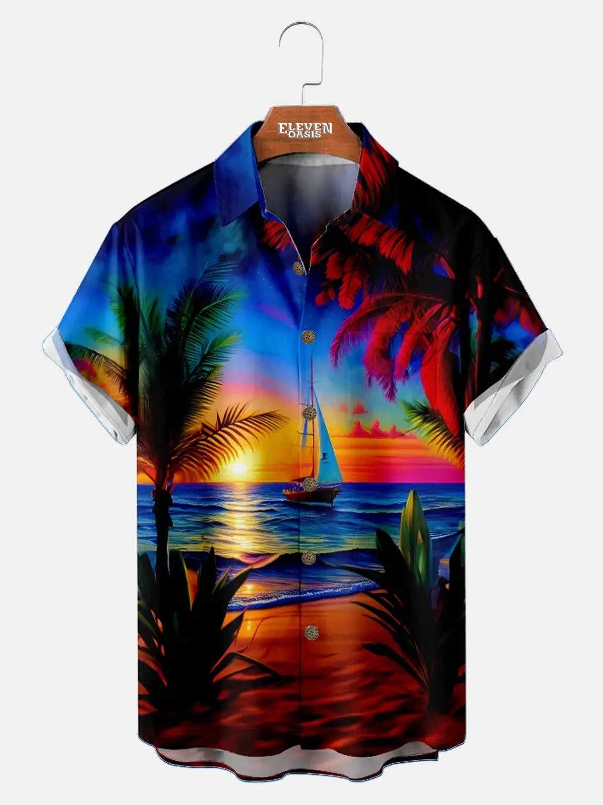 Men's Vibrant Sunset Beach Ocean Sand Vacation Short Sleeve Shirt Eleven Oasis
