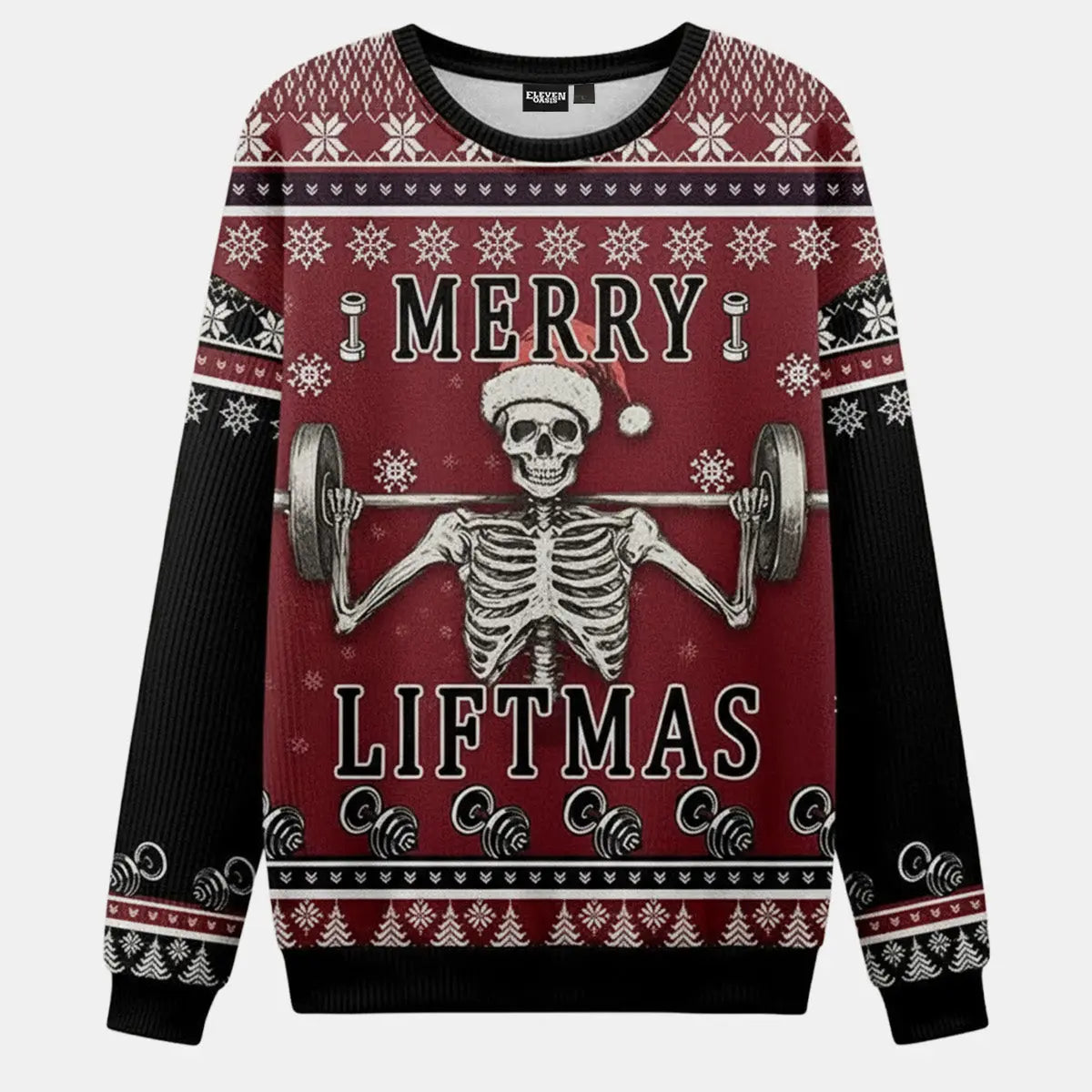 Merry Liftmas Skeleton Lifting Ugly Christmas Sweater Eleven Oasis