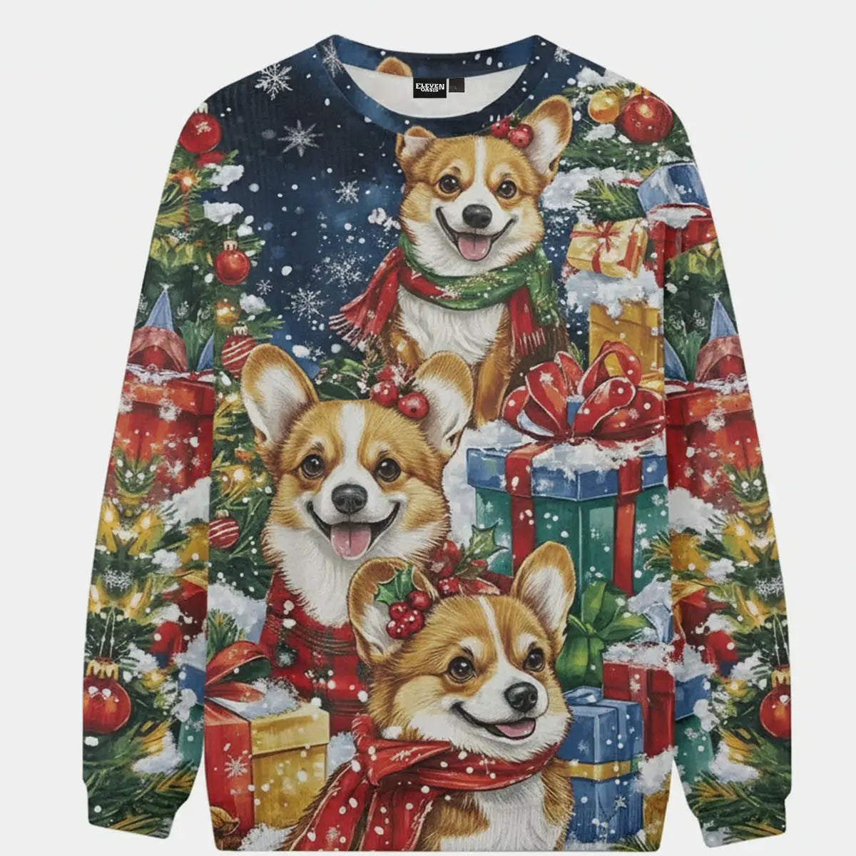 Christmas Corgis Surrounded by Presents Knitted Sweatshirt ElevenOasis