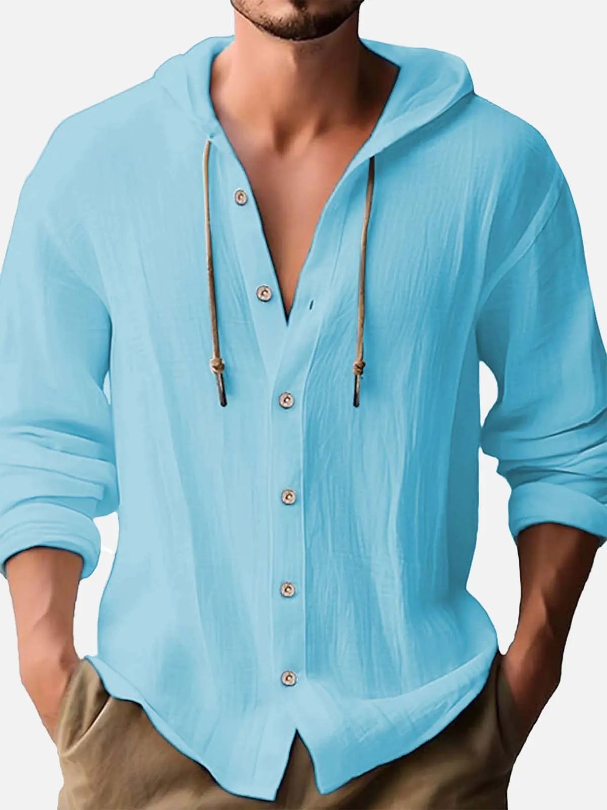 Men's Linen Blend Hooded Long Sleeve Shirt ElevenOasis