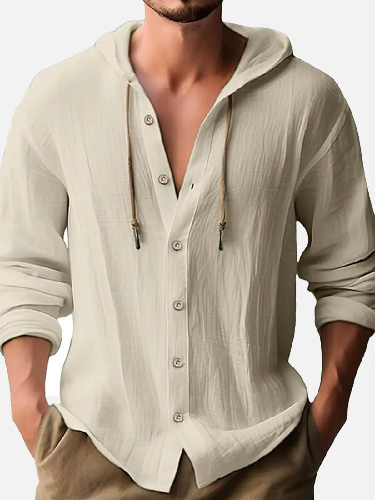 Men's Linen Blend Hooded Long Sleeve Shirt ElevenOasis
