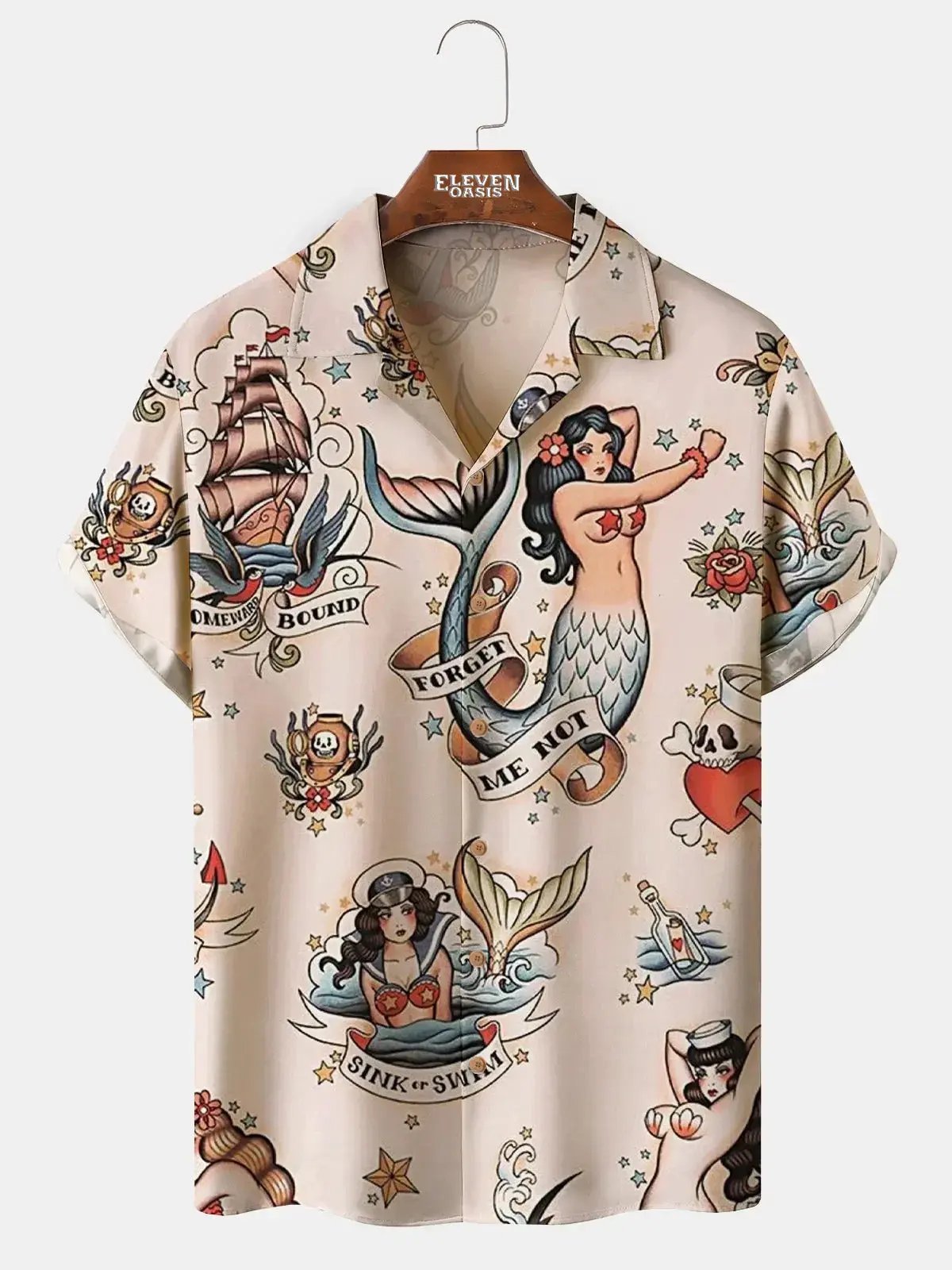 Men's Sailor Tattoo Mermaids Short Sleeve Shirt ElevenOasis