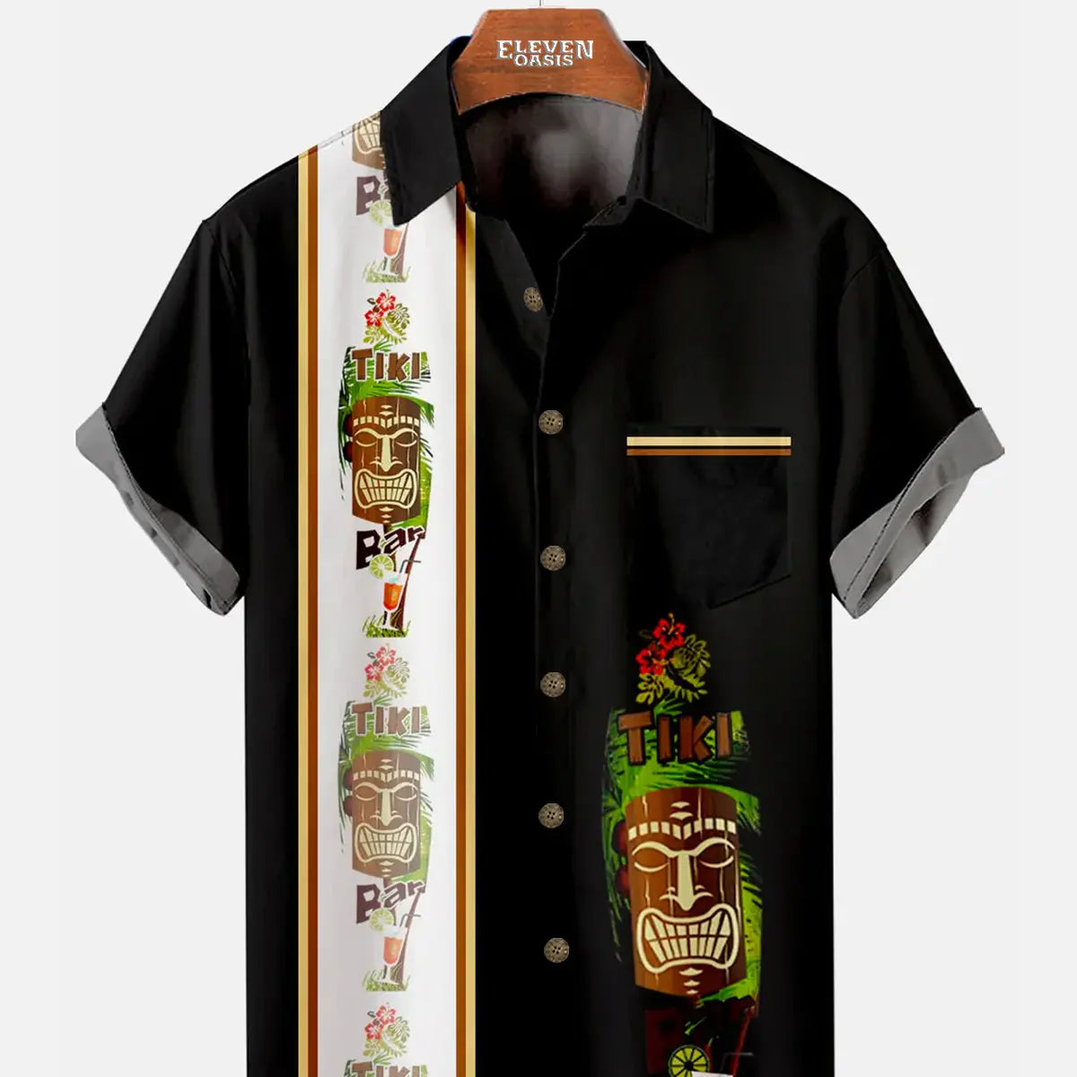 Men's Hawaiian Tiki Print Bowling Casual Short Sleeve Shirt with Chest Pocket Eleven Oasis