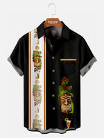 Men's Hawaiian Tiki Print Bowling Casual Short Sleeve Shirt with Chest Pocket Eleven Oasis