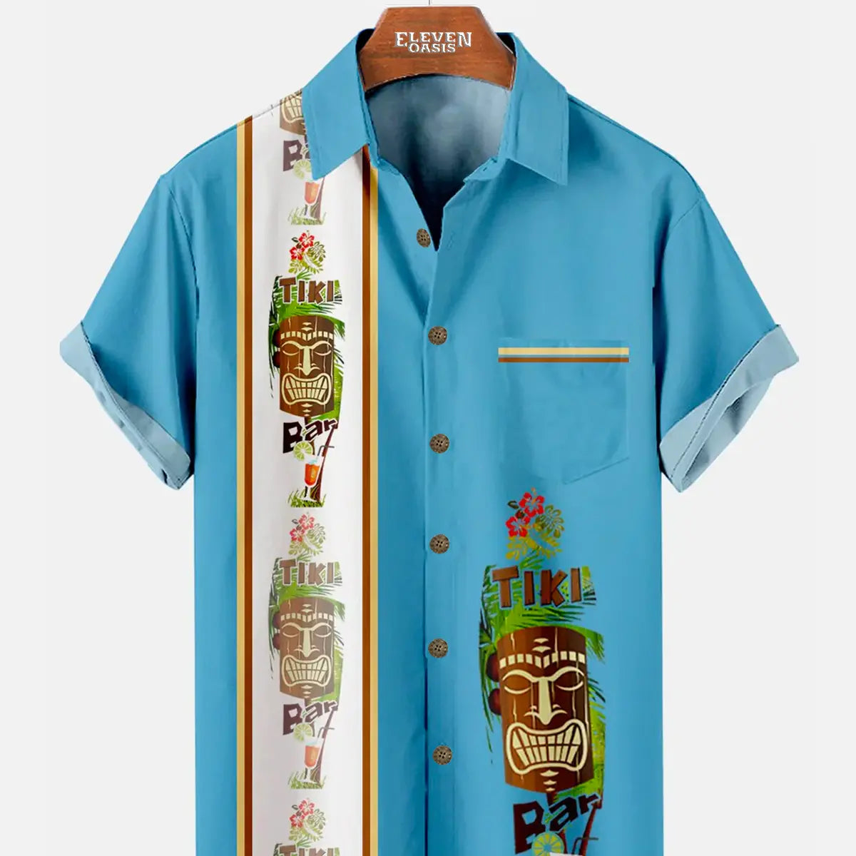 Men's Hawaiian Tiki Print Bowling Casual Short Sleeve Shirt with Chest Pocket Eleven Oasis