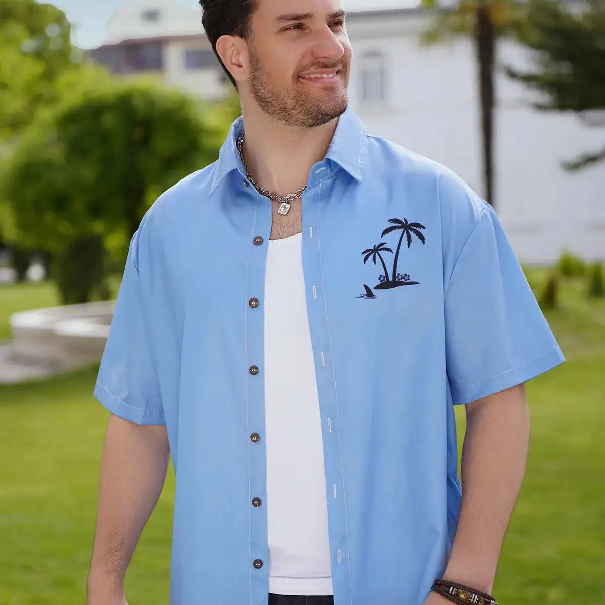Men's Hawaiian Coconut Tree Oasis Short Sleeve Shirt ElevenOasis