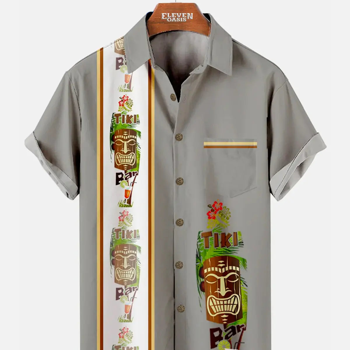 Men's Hawaiian Tiki Print Bowling Casual Short Sleeve Shirt with Chest Pocker Eleven Oasis
