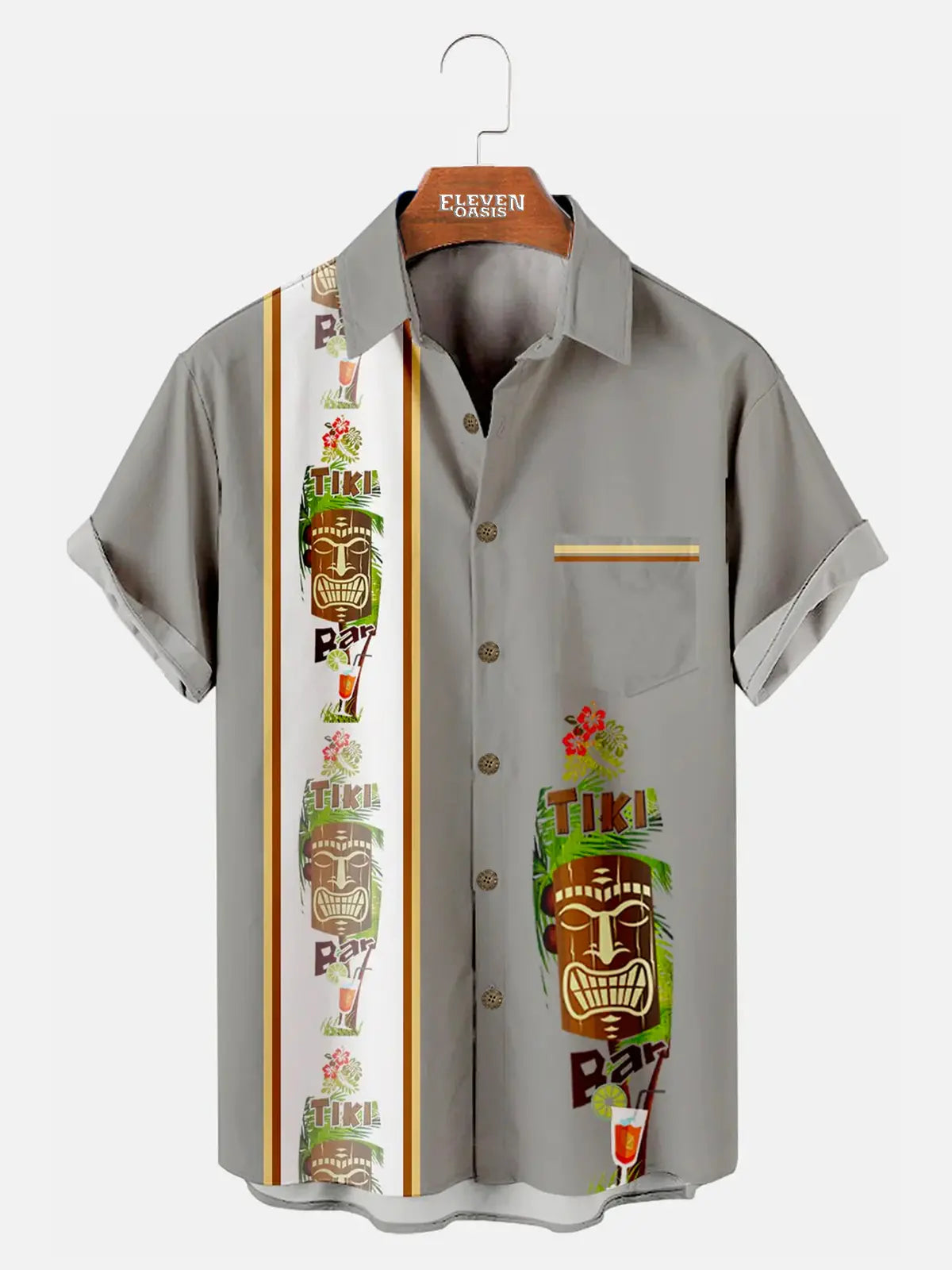 Men's Hawaiian Tiki Print Bowling Casual Short Sleeve Shirt with Chest Pocker Eleven Oasis