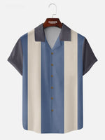 Men's Morandi Color block Panel Stripe Camp Collar Short Sleeve Shirt ElevenOasis