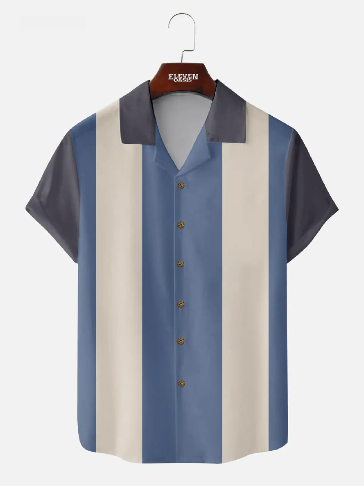 Men's Morandi Color block Panel Stripe Camp Collar Short Sleeve Shirt ElevenOasis