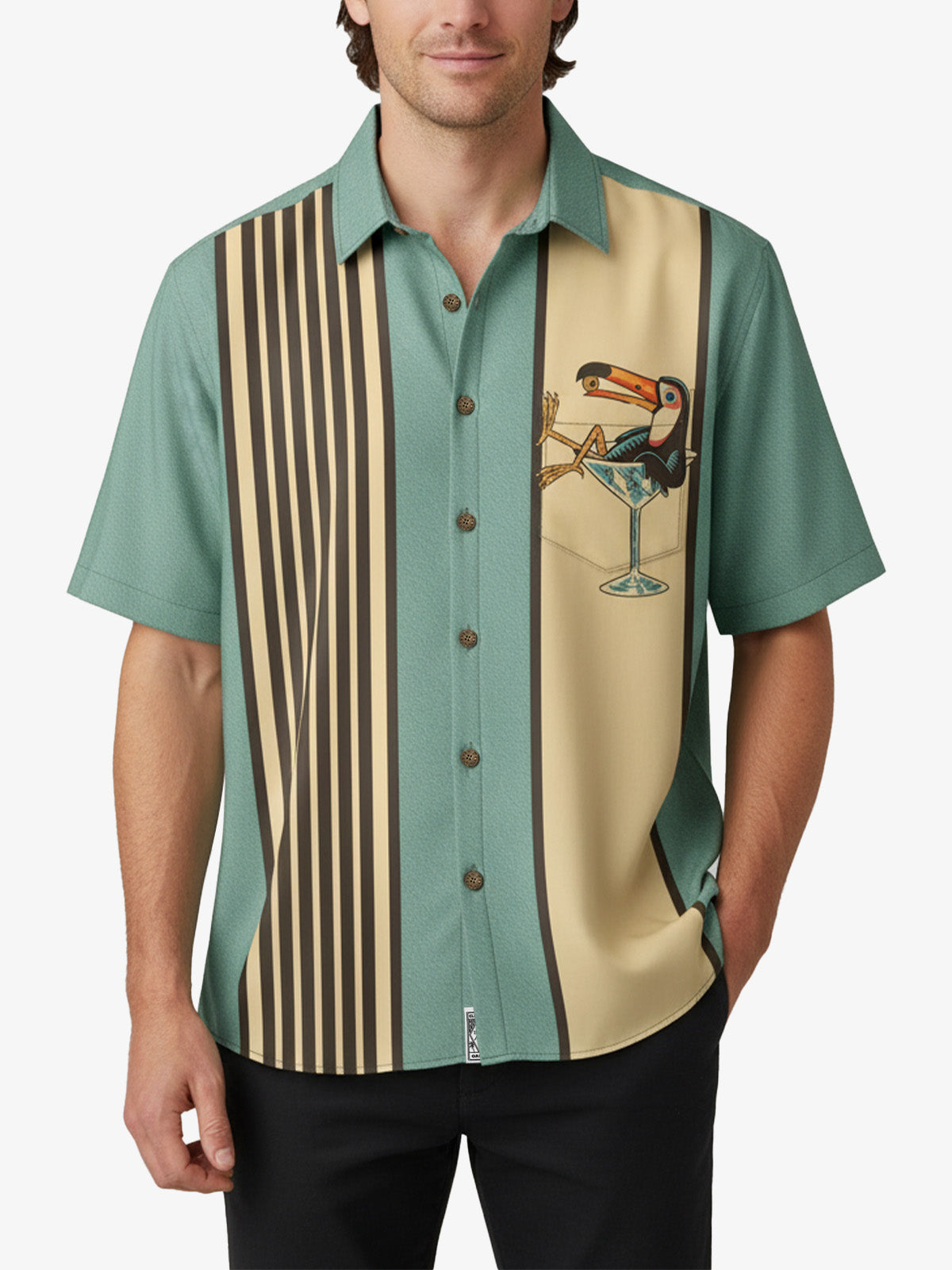 Men's Striped Everyday with Toucan in a Cocktail Glass Short Sleeve Casual Shirt ElevenOasis