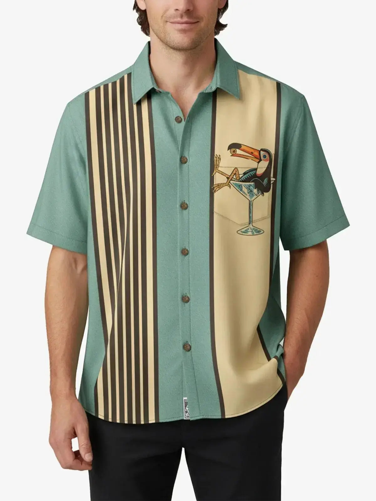 Men's Striped Everyday with Toucan in a Cocktail Glass Short Sleeve Casual Shirt ElevenOasis