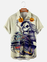 Halloween Grim Reaper Hot Rod Car Illustration Pattern Men's Short Sleeve Shirt ElevenOasis