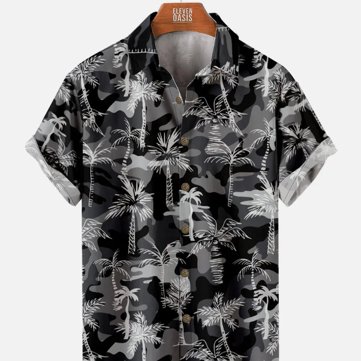 Men's Black and Grey Camo Print with Palm Trees Hawaiian Short Sleeve ShirtMens short sleeve shirts Big and tall Mens shirts Short sleeve shirts for men Mens 4xl shirts Casual short sleeve shirts