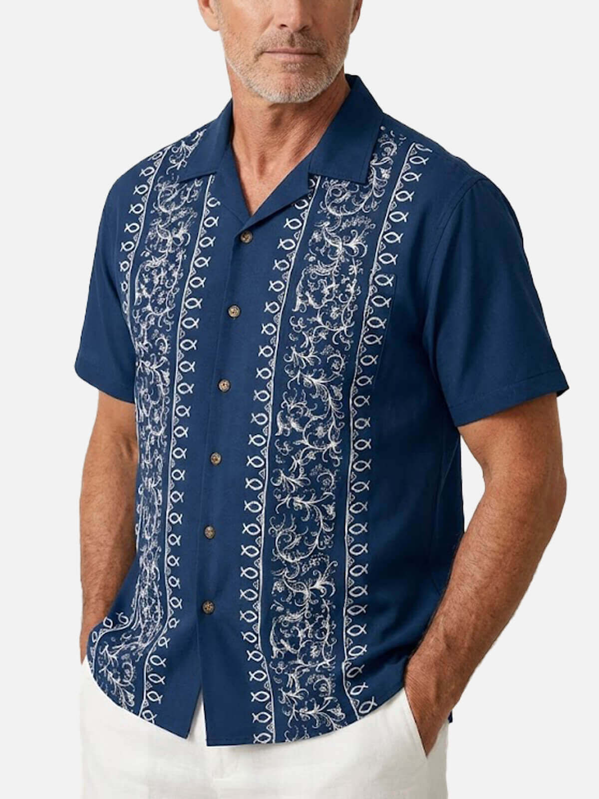 Tall Men's Ichthys Pattern Panel Short Sleeve Shirt Eleven Oasis
