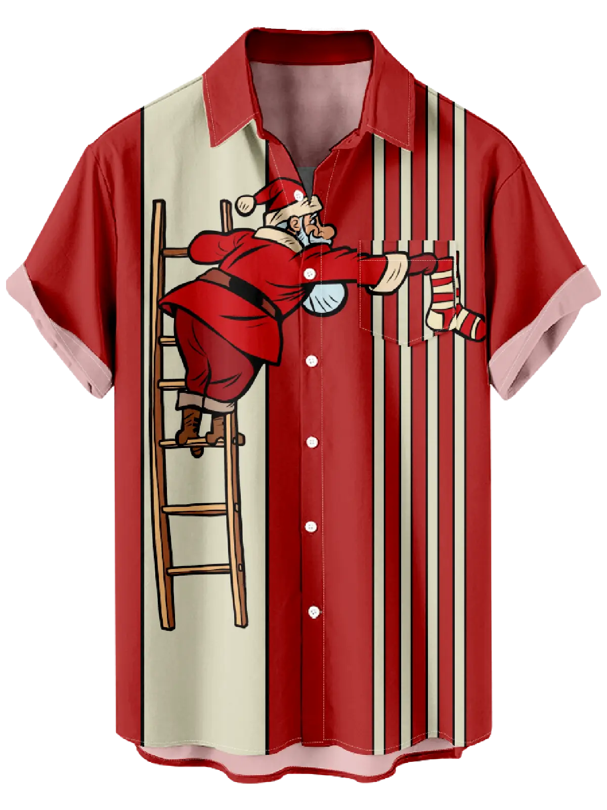 Men's Christmas Santa Hanging a Stocking Striped Short Sleeve Shirt Eleven Oasis