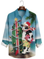 Men's Christmas Cow Surfboard Beach Long Sleeve Shirt Eleven Oasis