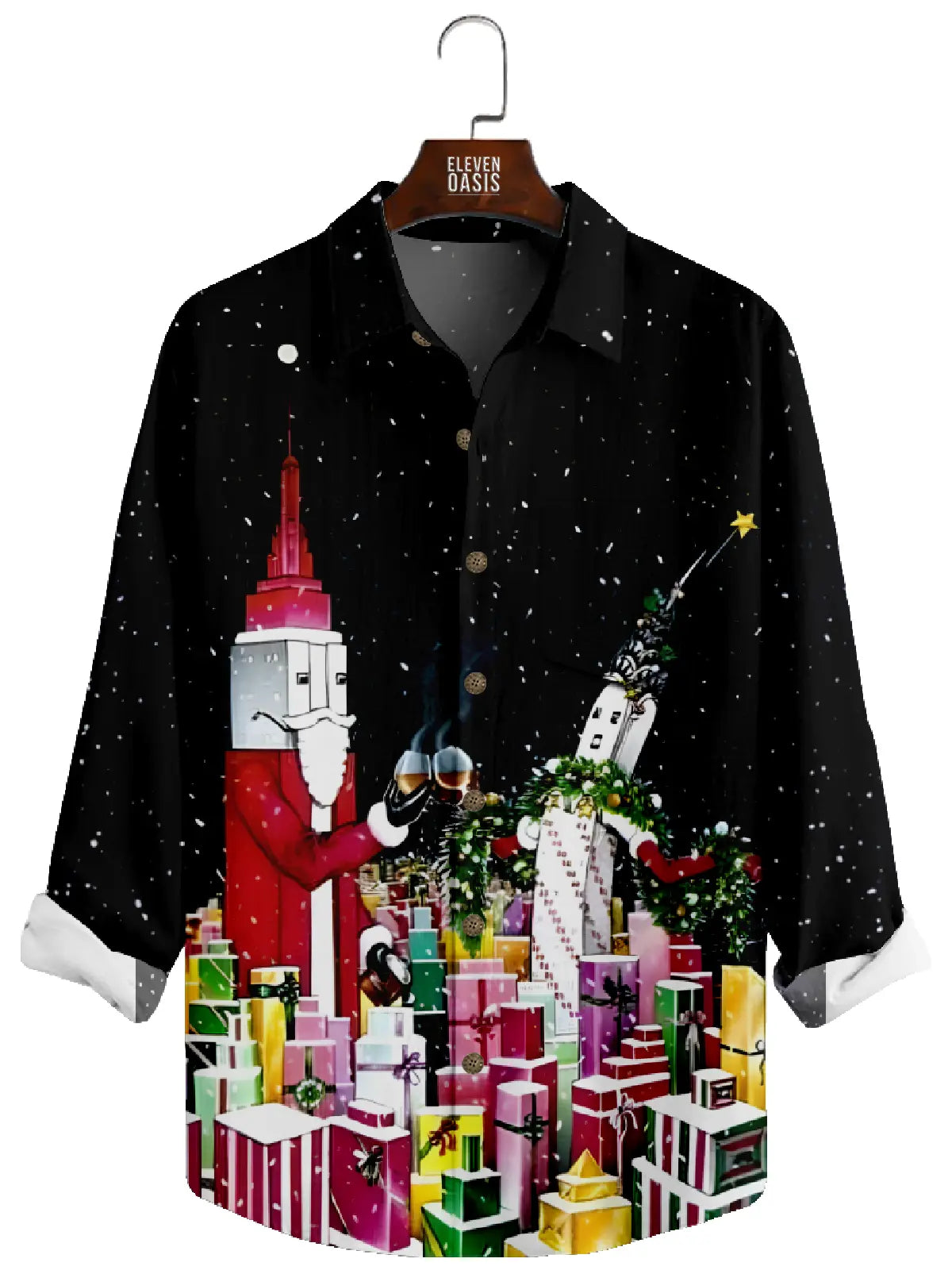 Men's Christmas Santa Brisks Black Long Sleeve Shirt Eleven Oasis