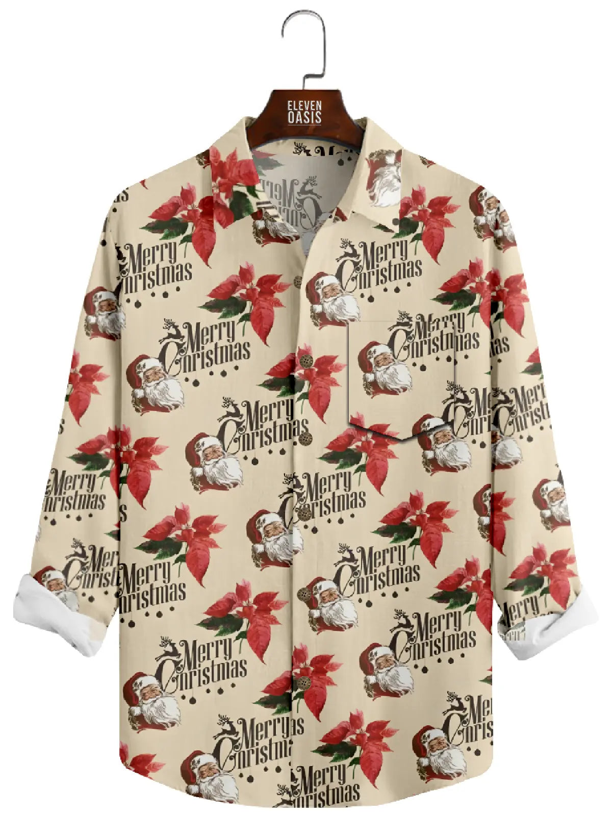 Men's Christmas Santa Poinsettia Long Sleeve Shirt Eleven Oasis
