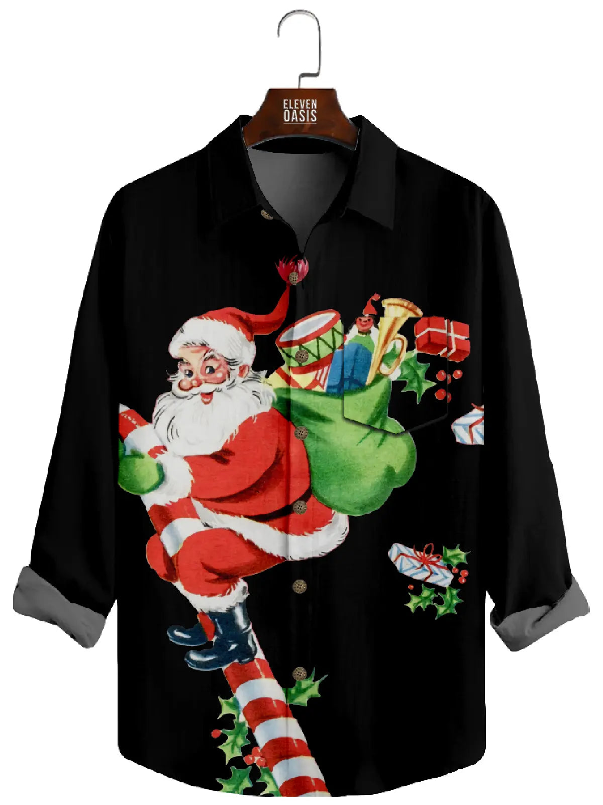 Men's Santa With Presents Black Long Sleeve Shirt Eleven Oasis