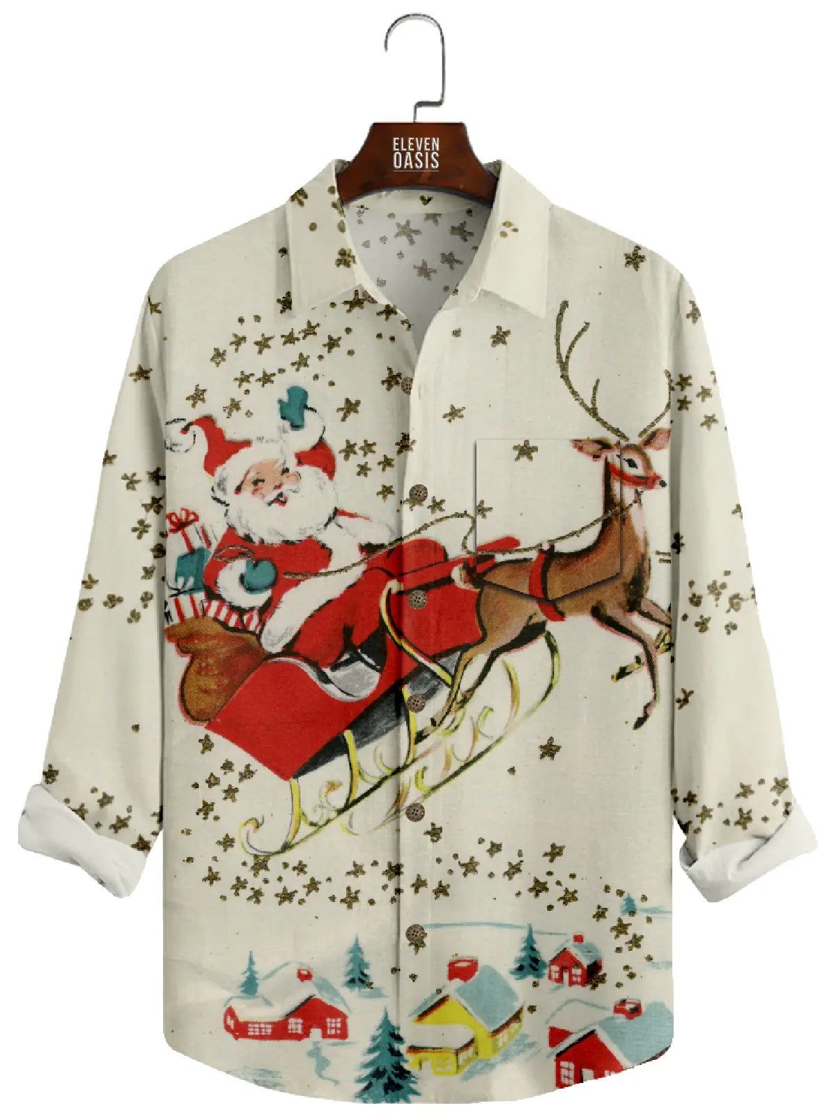 Men's Santa Clause With Reindeer Satr in Long Sleeve Shirt Eleven Oasis